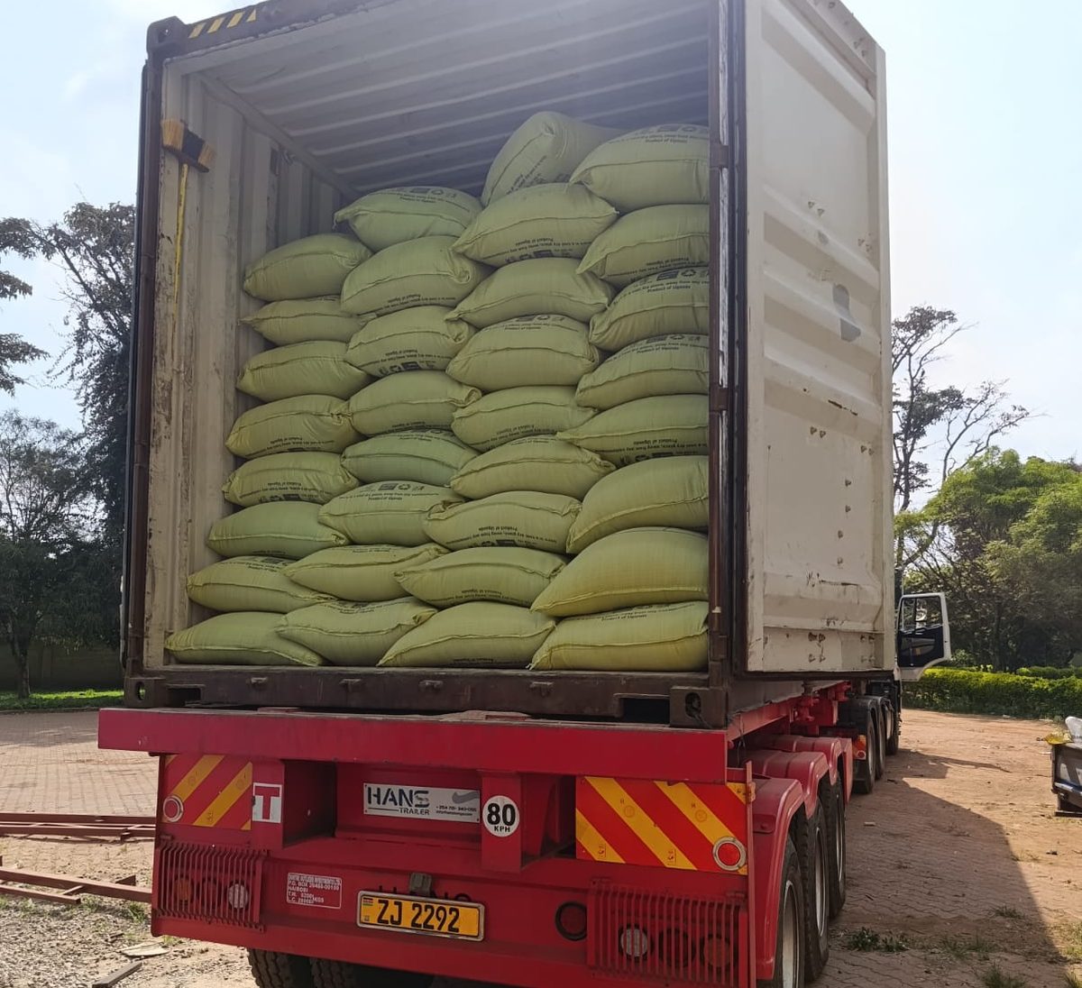 Bagged cargo loaded in a forty-foot container on a Dontre Outliers trailer