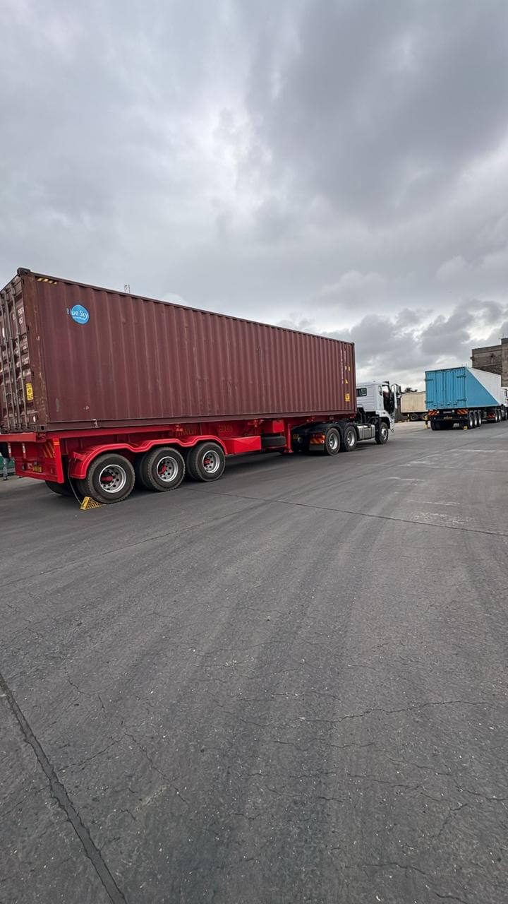 Dontre Outliers tractor unit and tri-axle skeletal trailer loaded with a forty-foot container